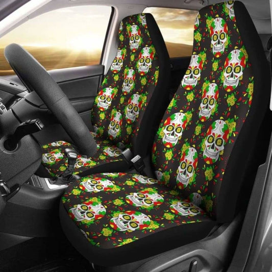 Set Of Floral Sugar Skull Day Of The Dead Car Seat Covers