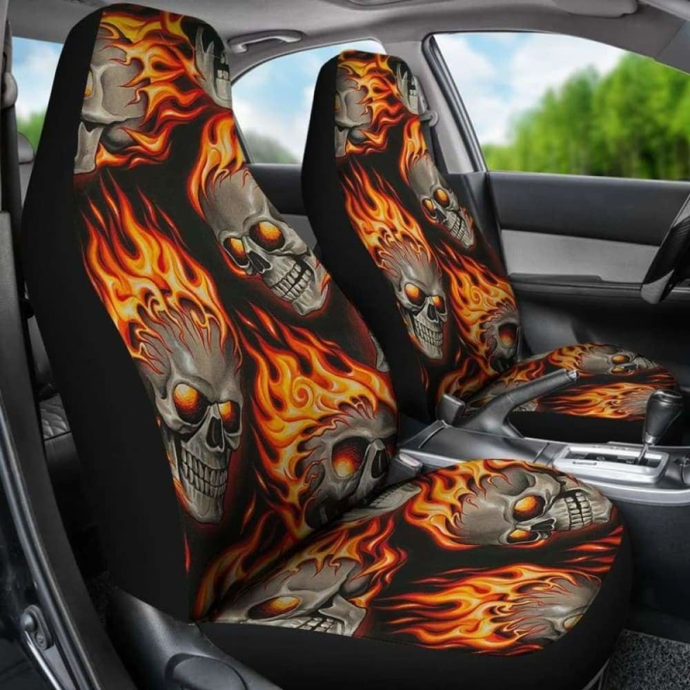 Set Of Pcs Flaming Fire Skulls Car Seat Covers