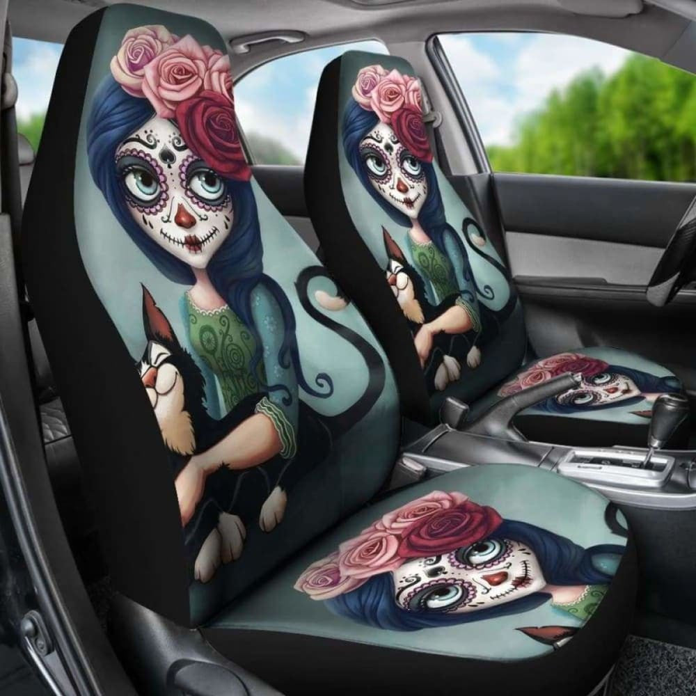 Set Pcs Floral Sugar Skull Day Of The Dead Skull Car Seat Covers