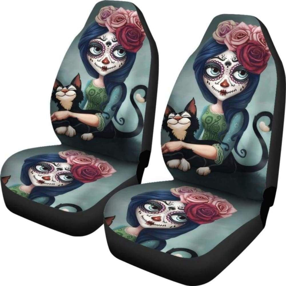 Set Pcs Floral Sugar Skull Day Of The Dead Skull Car Seat Covers