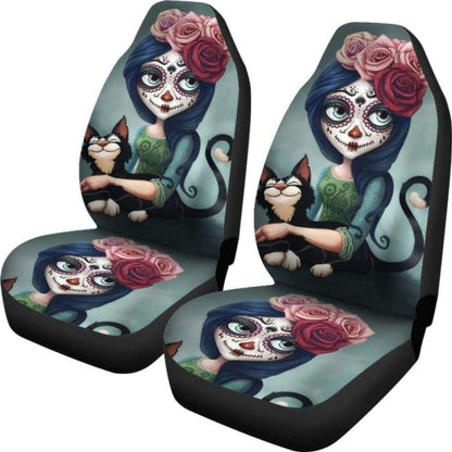 Set Pcs Floral Sugar Skull Day Of The Dead Skull Car Seat Covers