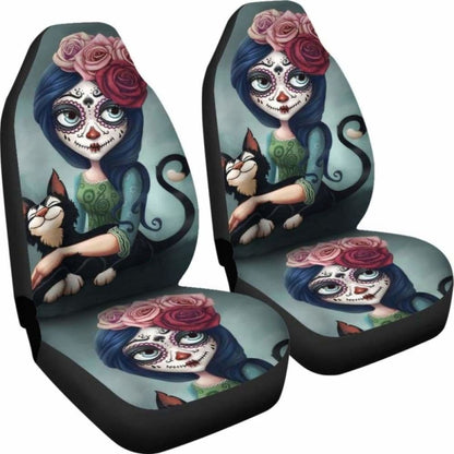 Set Pcs Floral Sugar Skull Day Of The Dead Skull Car Seat Covers