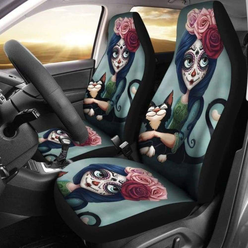Set Pcs Floral Sugar Skull Day Of The Dead Skull Car Seat Covers