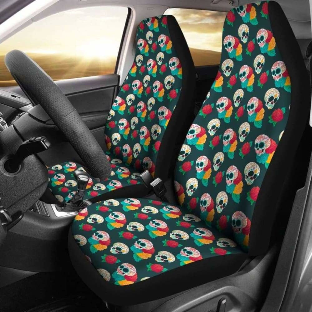 Set Pcs Floral Sugar Skull Day Of The Dead Skull Car Seat Covers