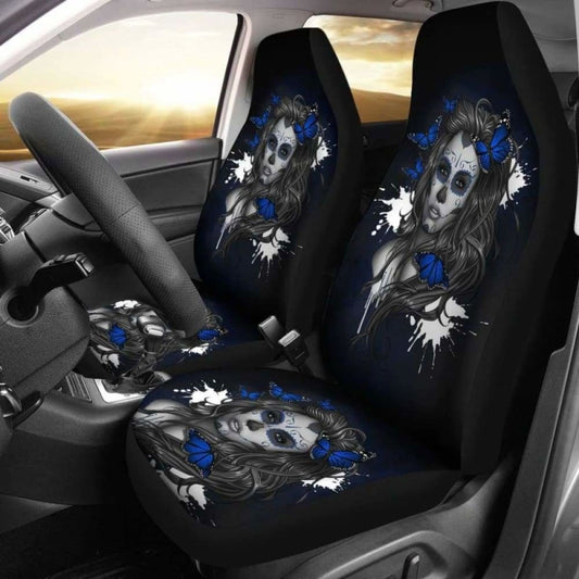 Set Seat Cover Sugar Skulls Beautiful Girl Car Seat Cover