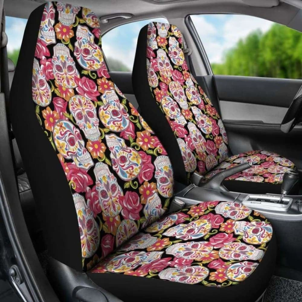 Set Of Colorful Sugar Skull Car Seat Covers