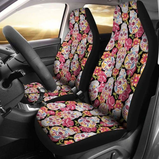 Set Of Colorful Sugar Skull Car Seat Covers
