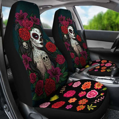 Set Of-Sugar Skull Girl - Day Of The Dead Car Seat Covers