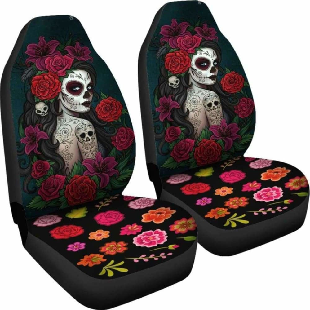 Set Of-Sugar Skull Girl - Day Of The Dead Car Seat Covers