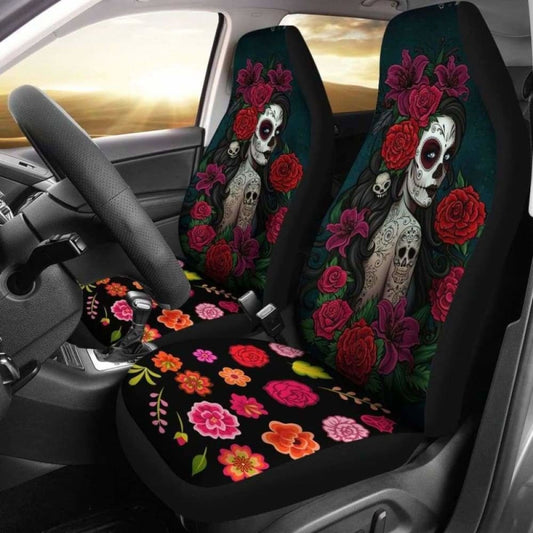 Set Of-Sugar Skull Girl - Day Of The Dead Car Seat Covers