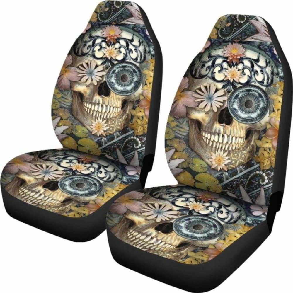 Set Of Floral Sugar Skull Seat Covers