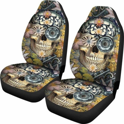 Set Of Floral Sugar Skull Seat Covers