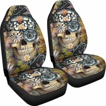 Set Of Floral Sugar Skull Seat Covers