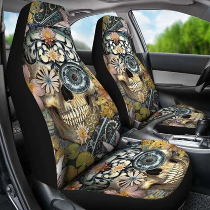 Set Of Floral Sugar Skull Seat Covers