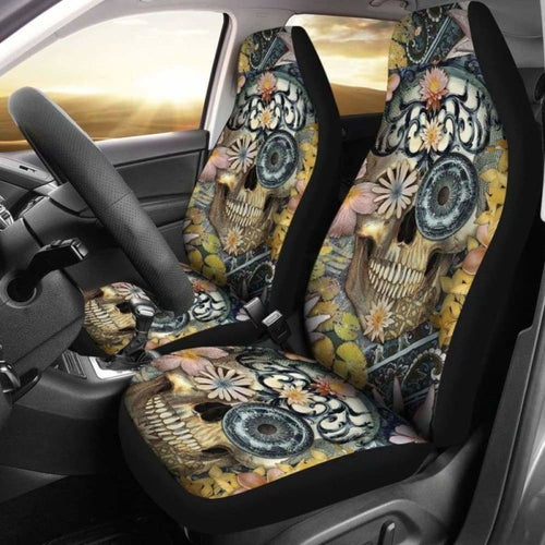 Set Of Floral Sugar Skull Seat Covers