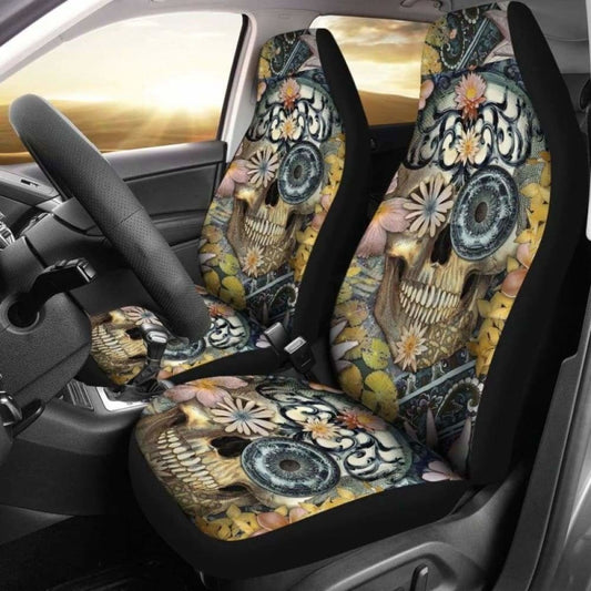 Set Of Floral Sugar Skull Seat Covers