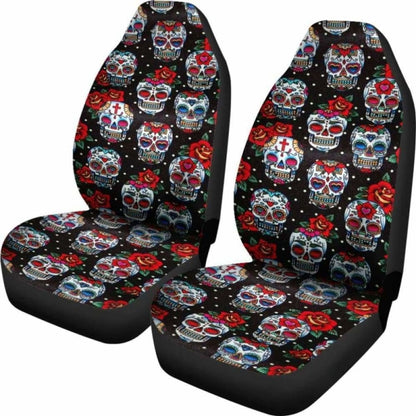 Set Of Floral Sugar Skull Seat Covers