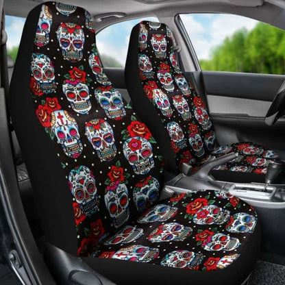 Set Of Floral Sugar Skull Seat Covers