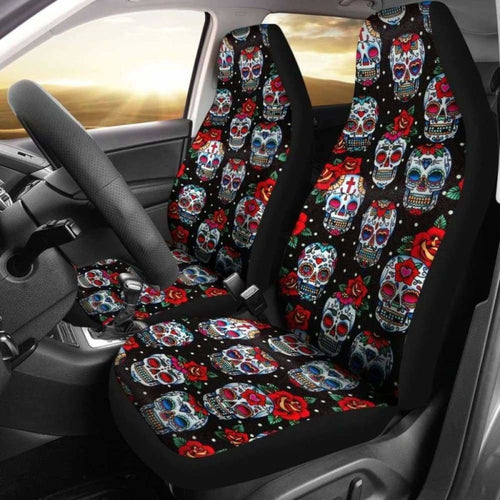 Set Of Floral Sugar Skull Seat Covers