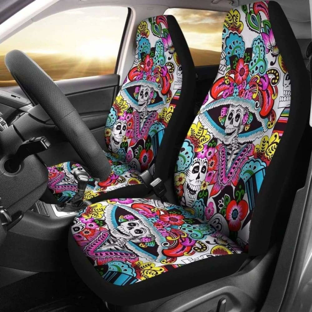Set Of Day Of The Dead Sugar Skull Car Seat Covers