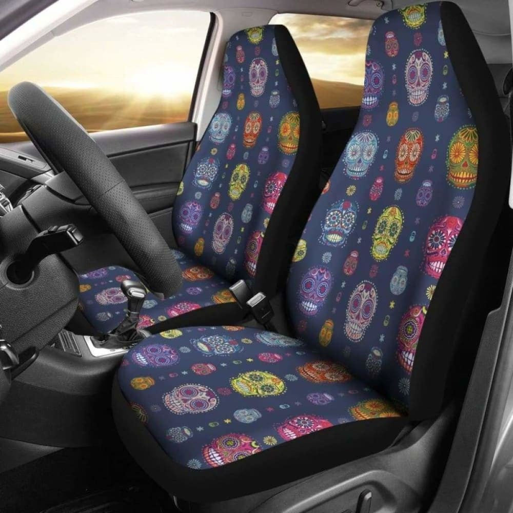 Set Of Colorful Sugar Skull Car Seat Covers
