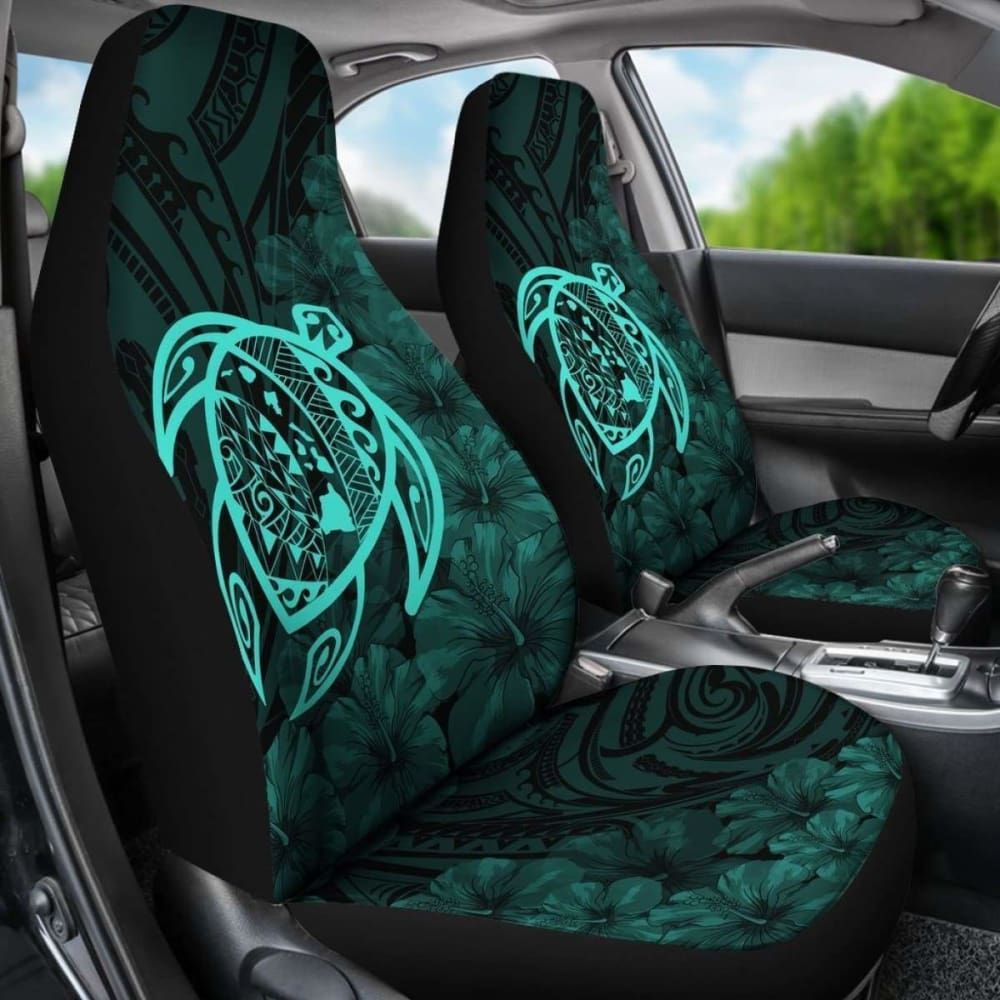 Alohawaii Car Seat Covers - Hawaii Turtle Map Hibiscus Poly Turquoise - New Awesome