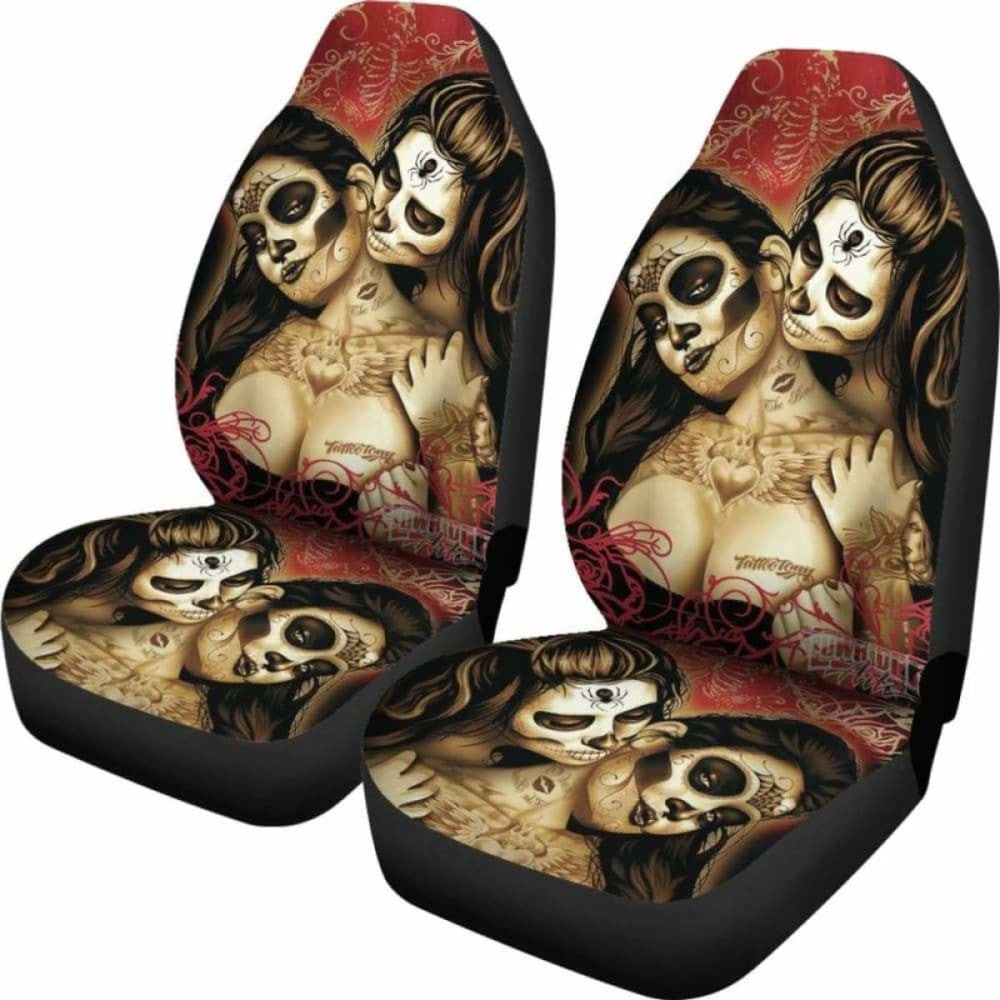 Set Of Sugar Skull Day Of The Dead Car Seat Covers
