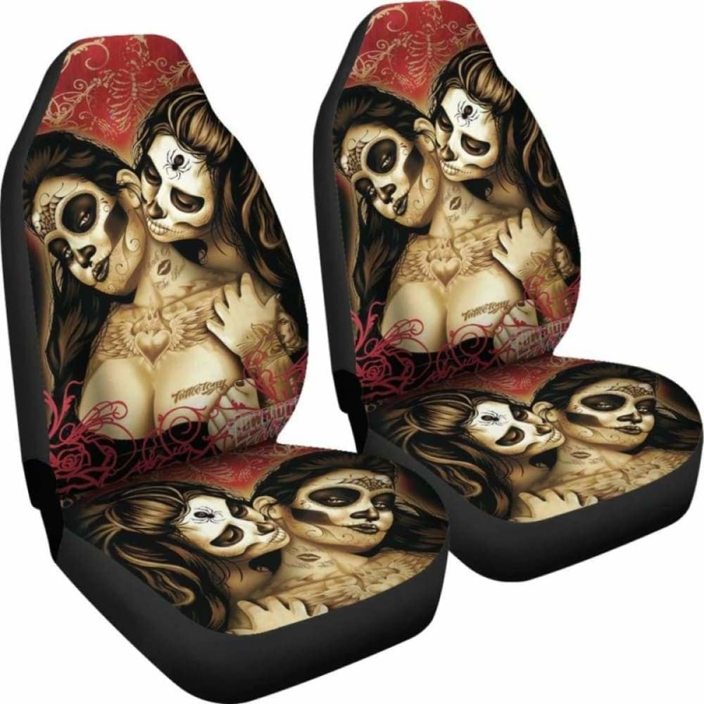 Set Of Sugar Skull Day Of The Dead Car Seat Covers
