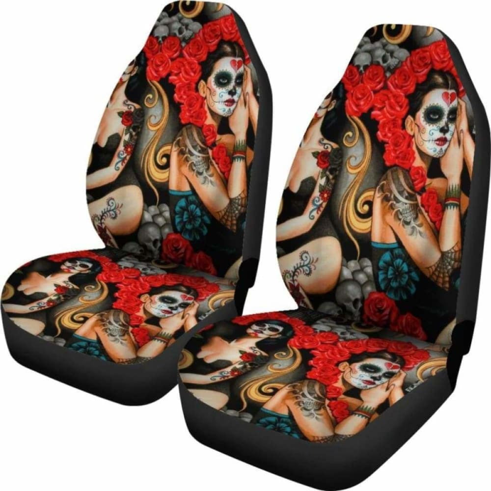 Set Pcs Day Of The Dead Sugar Skull Car Seat Covers