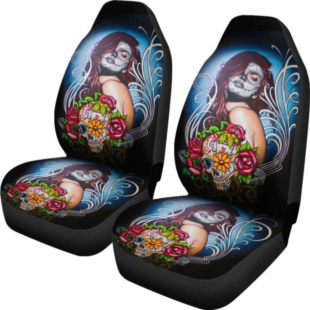 Set Of - Beautiful Sugar Skull Girl - Car Seat Cover