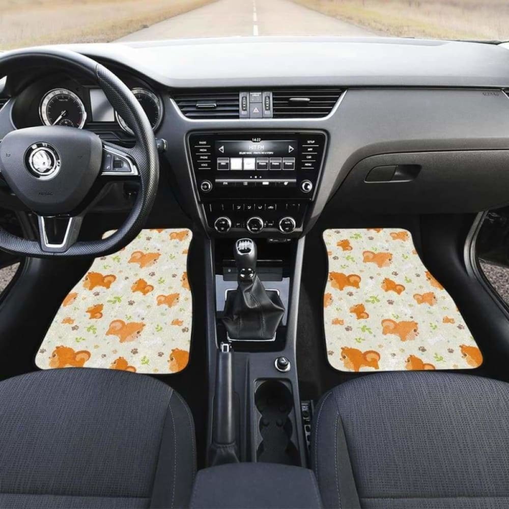 Cute Brown Pomeranian Paw Leave Bone Pattern Front And Back Car Mats