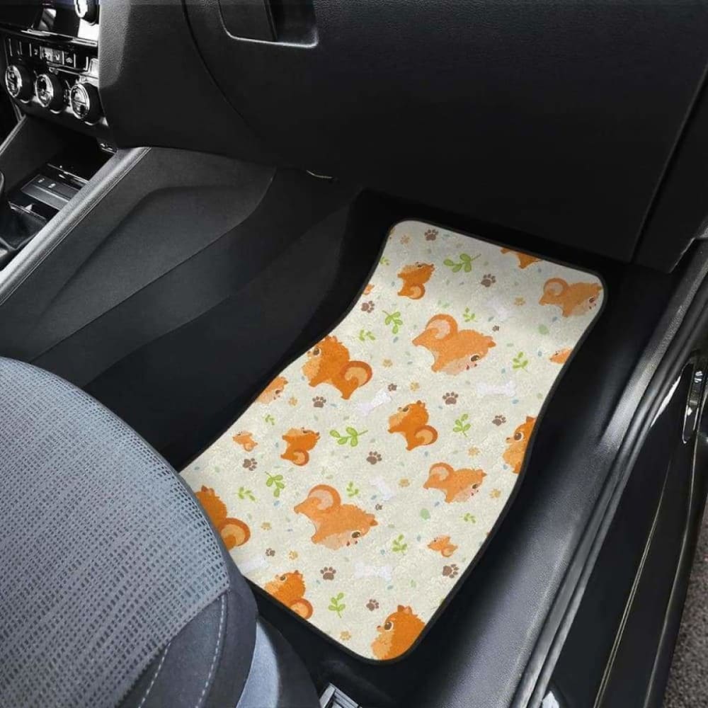 Cute Brown Pomeranian Paw Leave Bone Pattern Front And Back Car Mats