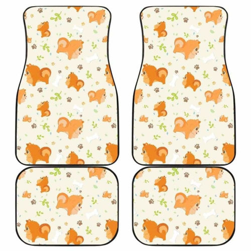 Cute Brown Pomeranian Paw Leave Bone Pattern Front And Back Car Mats