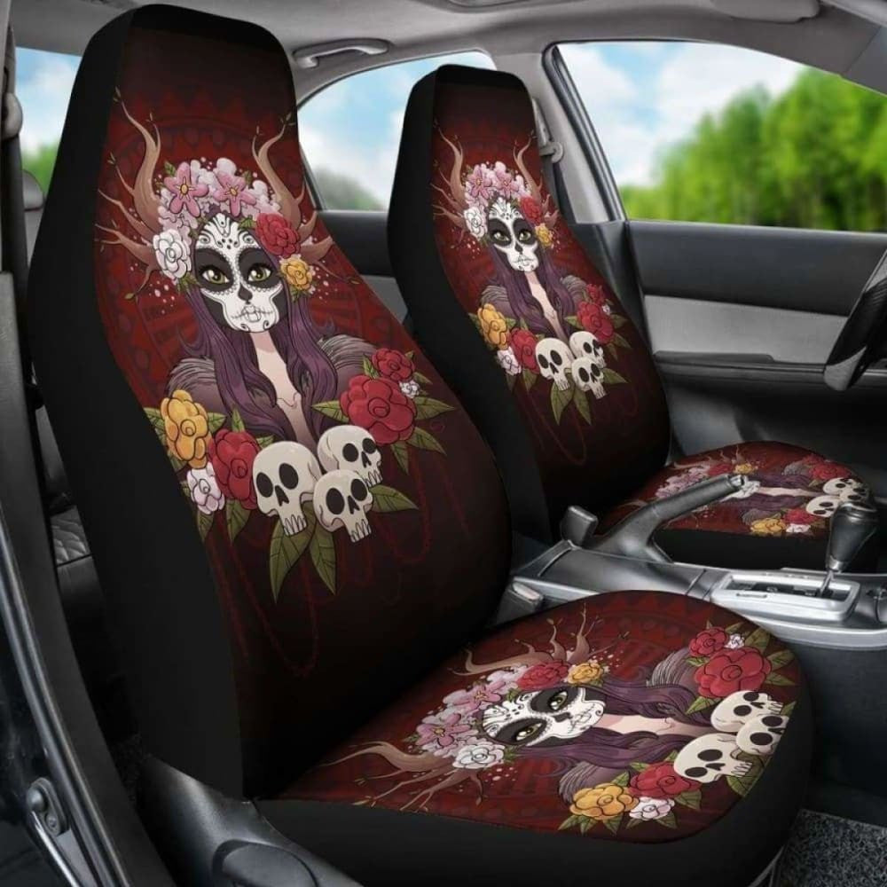 Set Of Day Of The Dead Sugar Skull Car Seat Covers