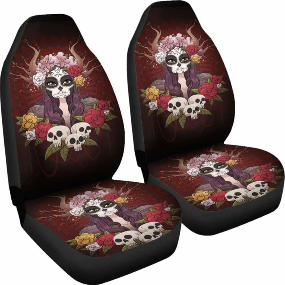 Set Of Day Of The Dead Sugar Skull Car Seat Covers
