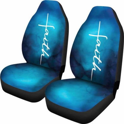 White Faith Word Cross On Blue Ombre Car Seat Covers Religious Christian Themed