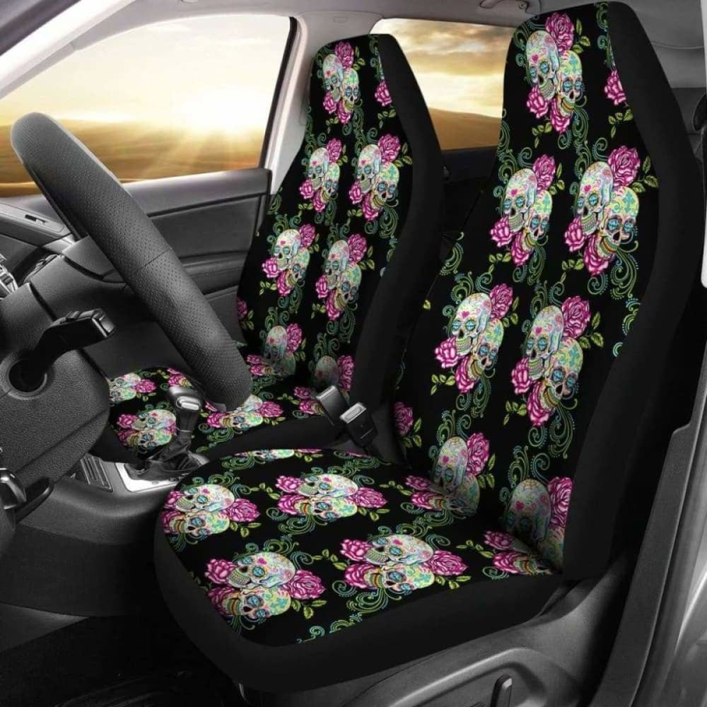Set Of Sugar Skull Floral Car Seat Covers
