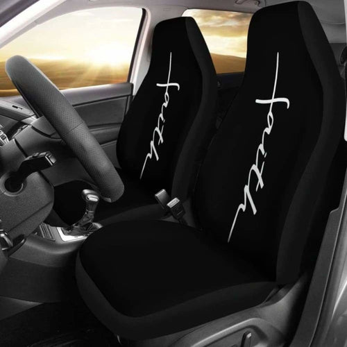 Faith Word Cross In White On Black Car Seat Covers Religious Christian Themed