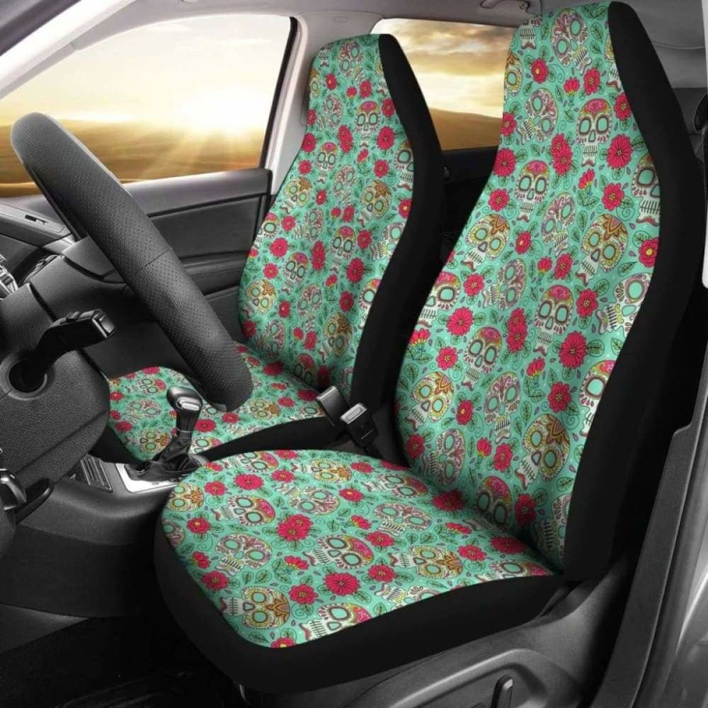 Set Of Pcs - Sugar Skulls - Day Of The Dead Car Seat Covers